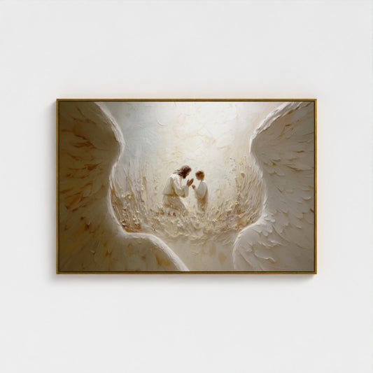 Alas de ángel, Jesús orando, abstracto - Lienzo con marco flotante