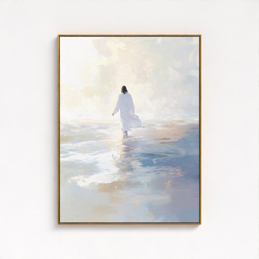 Jesús caminando sobre el agua azul - Lienzo con marco flotante