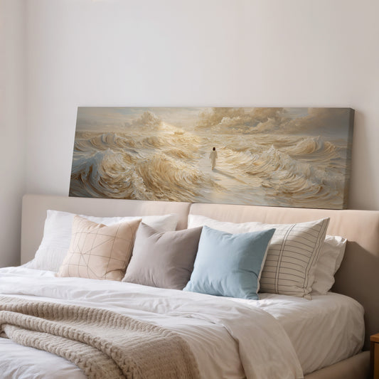 Jesús caminando sobre el agua beige - Lienzo con marco flotante