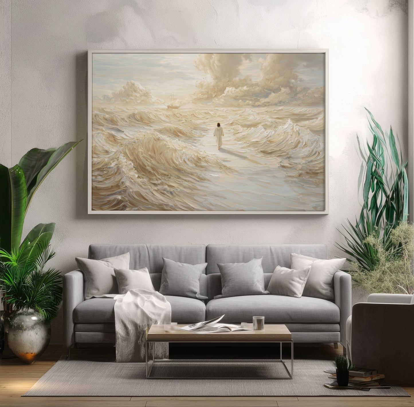 Jesus Walking on Water Beige - Float Frame Canvas