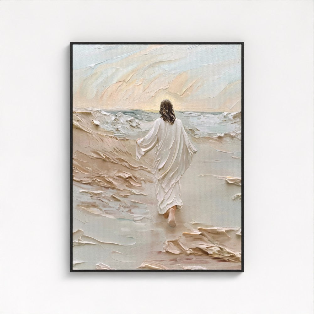 Jesús caminando sobre el agua beige - Lienzo con marco flotante