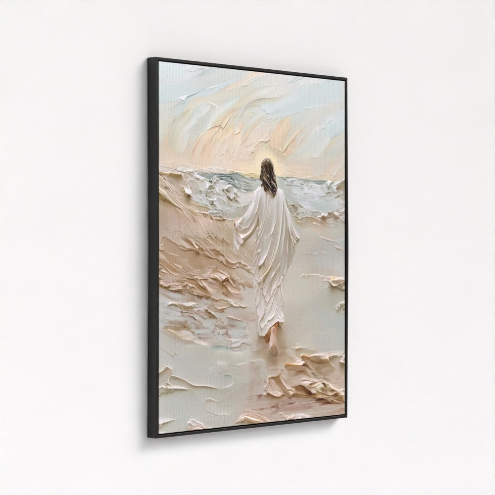 Jesús caminando sobre el agua beige - Lienzo con marco flotante