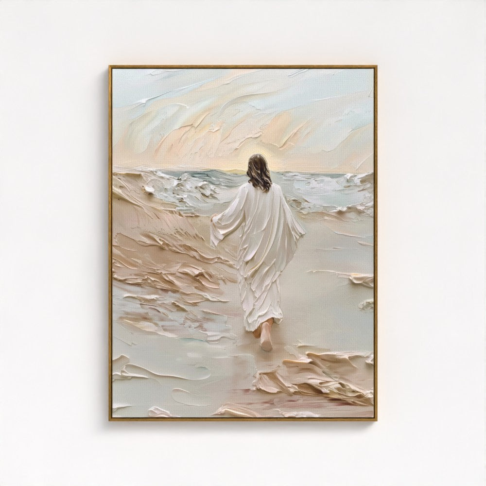 Jesús caminando sobre el agua beige - Lienzo con marco flotante