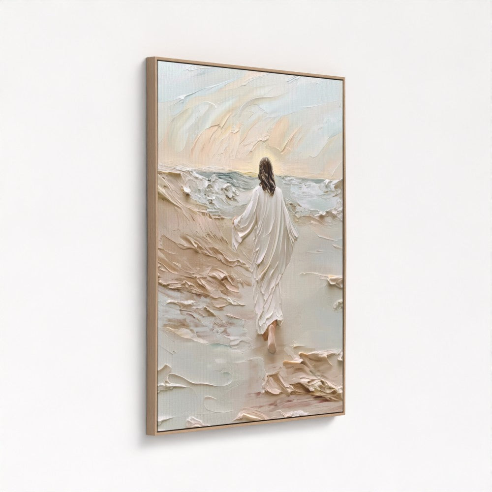 Jesús caminando sobre el agua beige - Lienzo con marco flotante