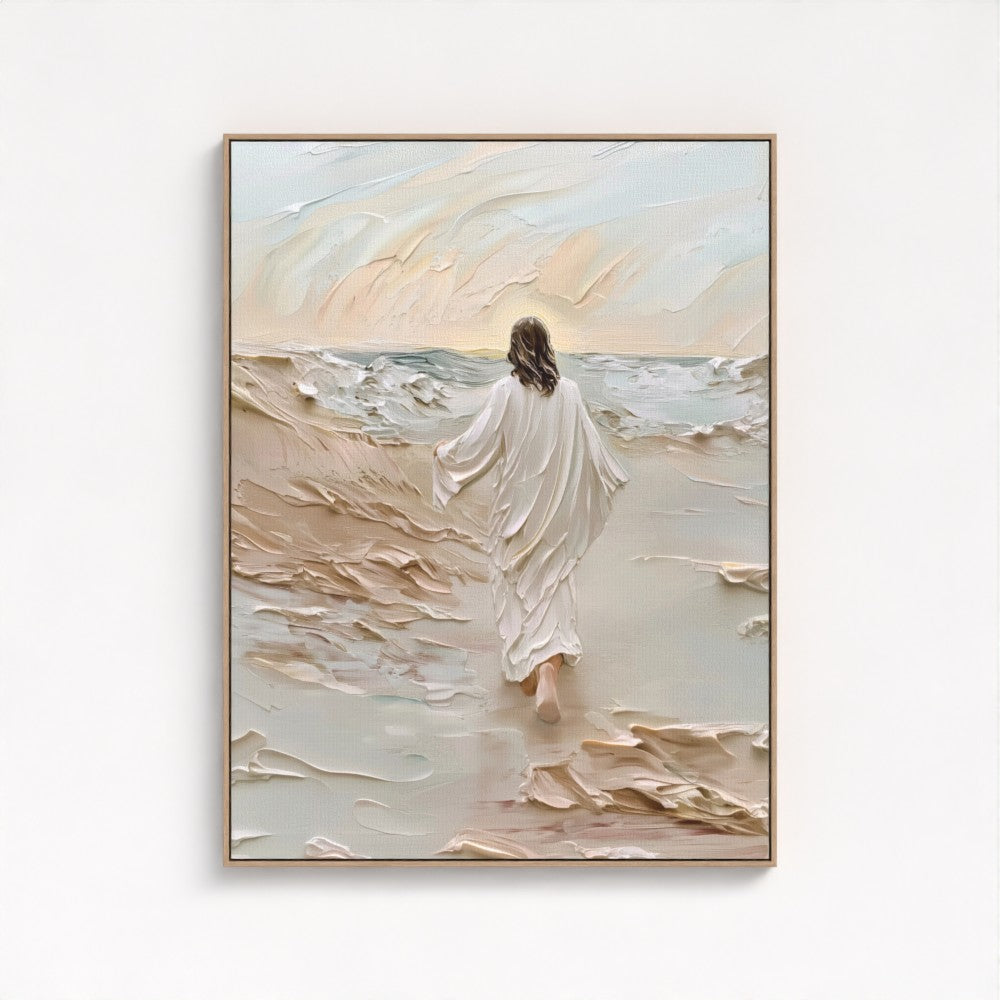 Jesús caminando sobre el agua beige - Lienzo con marco flotante