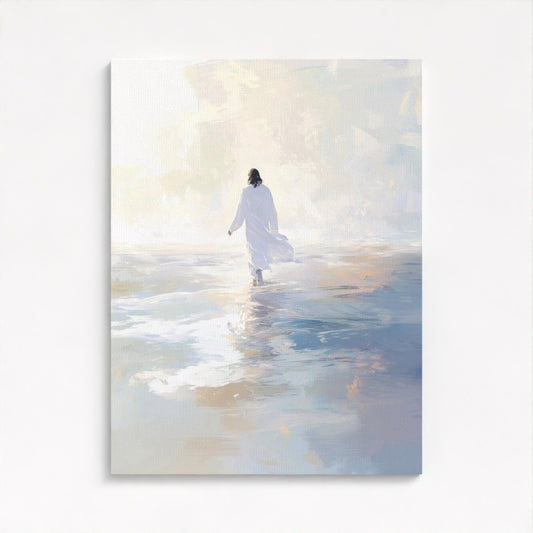 Jesús caminando sobre el agua azul - Lienzo estirado