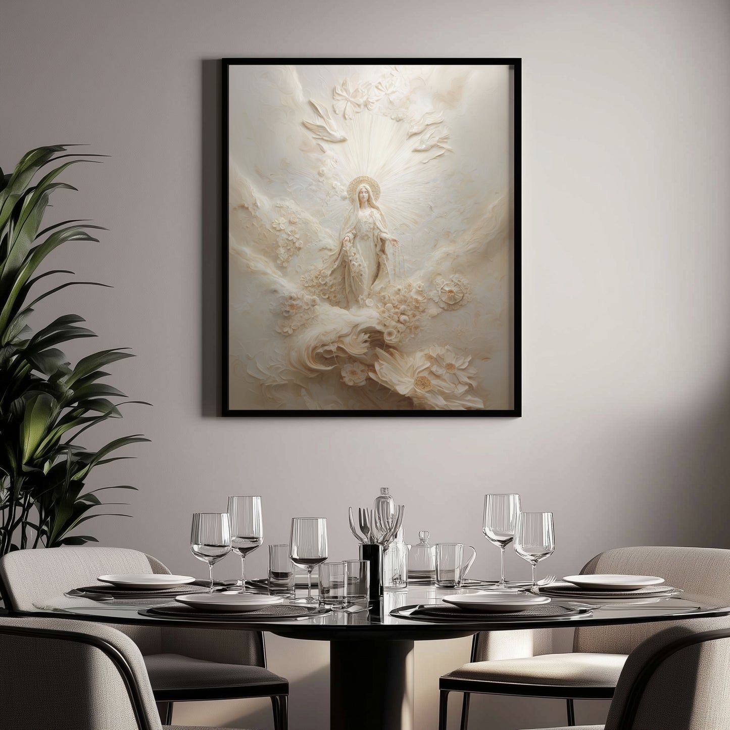 Retrato abstracto de la Virgen María en oro - Lienzo con marco flotante