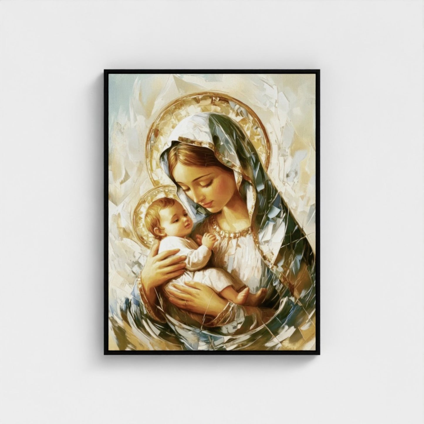Virgen María abrazando al Niño Jesús beige - Lienzo con marco flotante