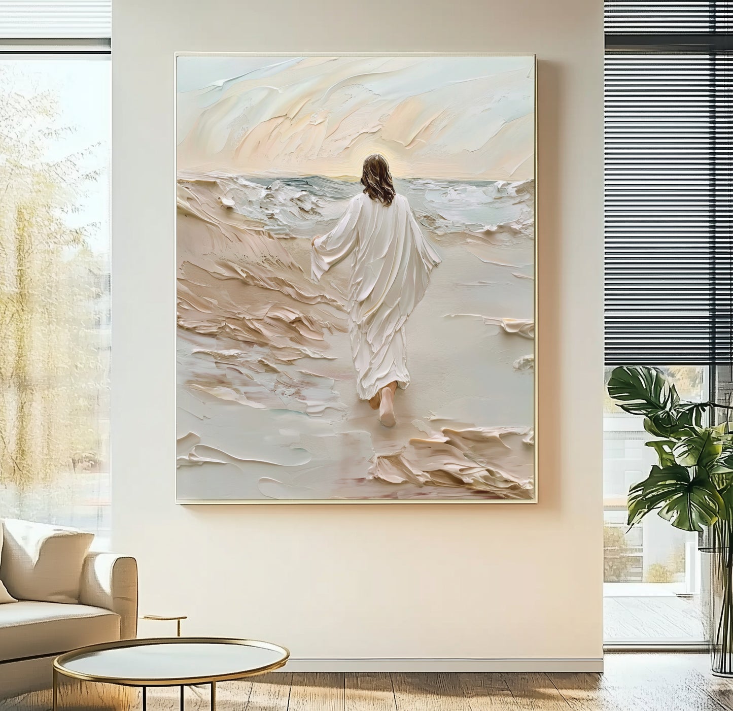 Jesús caminando sobre el agua beige - Lienzo con marco flotante