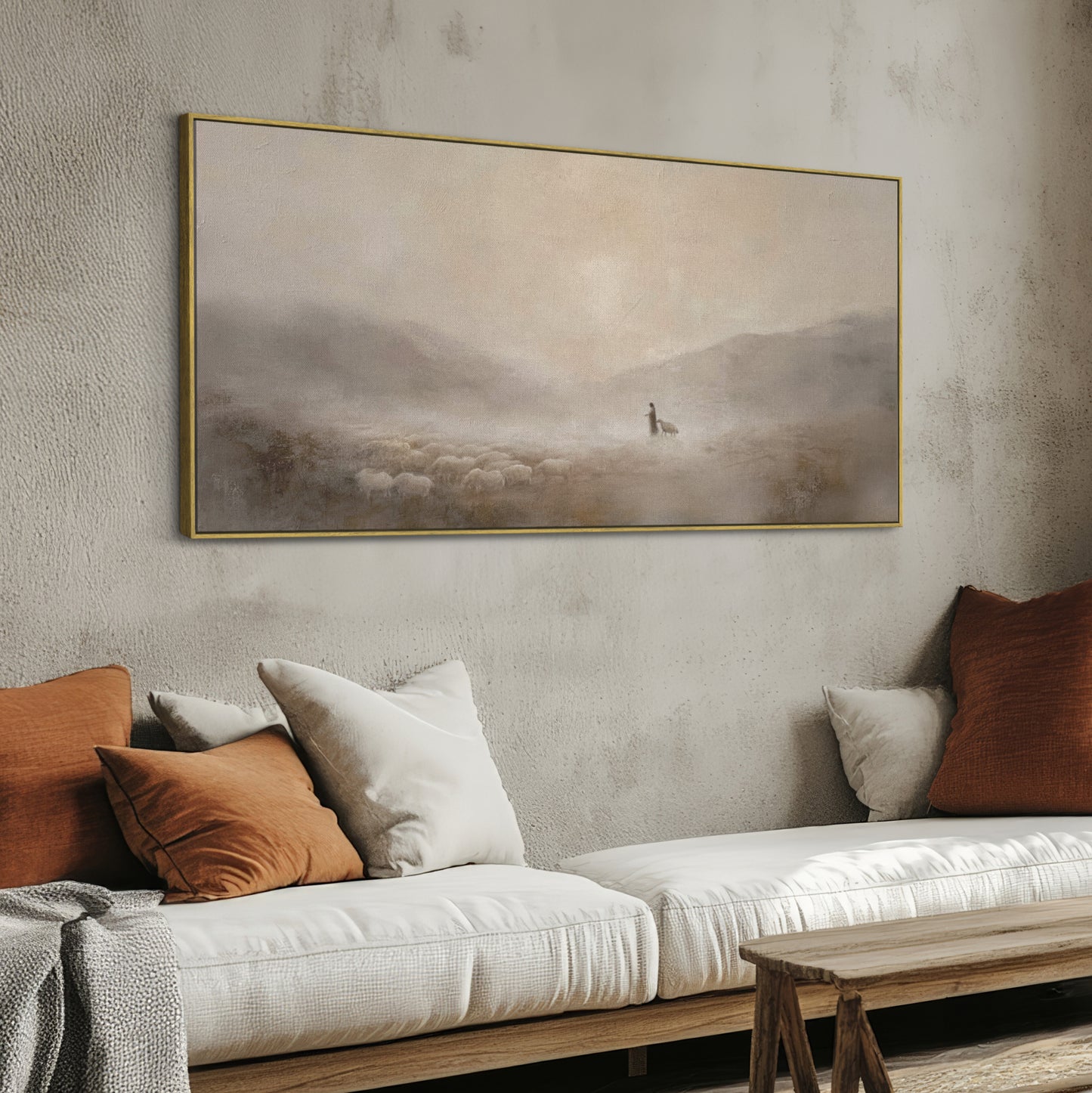 Jesus und das verlorene Schaf – Leinwanddruck – Minimalistische christliche Wandkunst – Leinwand mit Schattenfugenrahmen