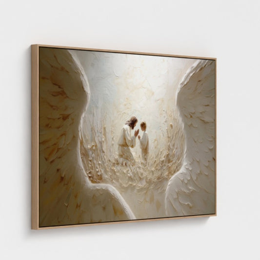 Alas de ángel, Jesús orando, abstracto - Lienzo con marco flotante