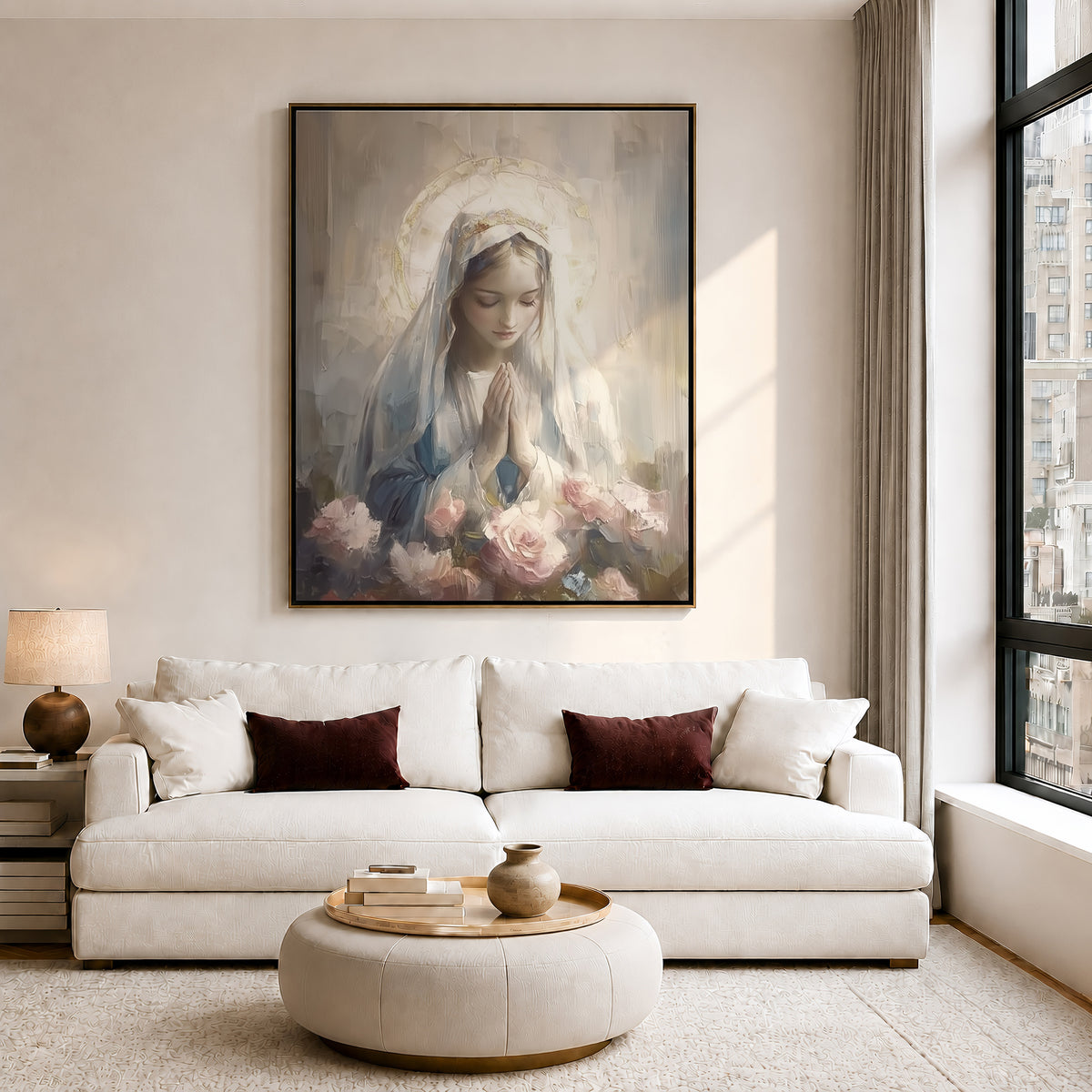 Blessed Virgin Mary Madonna and Roses - Float Frame Canvas