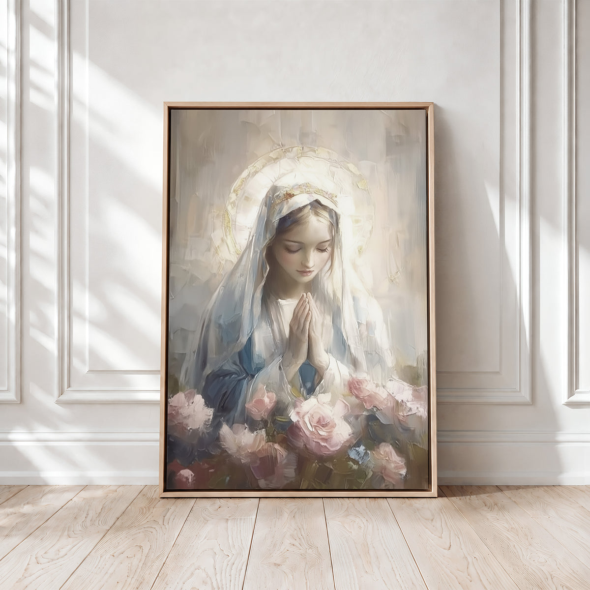 Blessed Virgin Mary Madonna and Roses - Float Frame Canvas