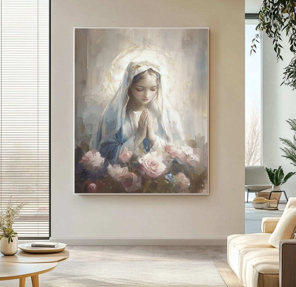 Blessed Virgin Mary Madonna and Roses - Float Frame Canvas