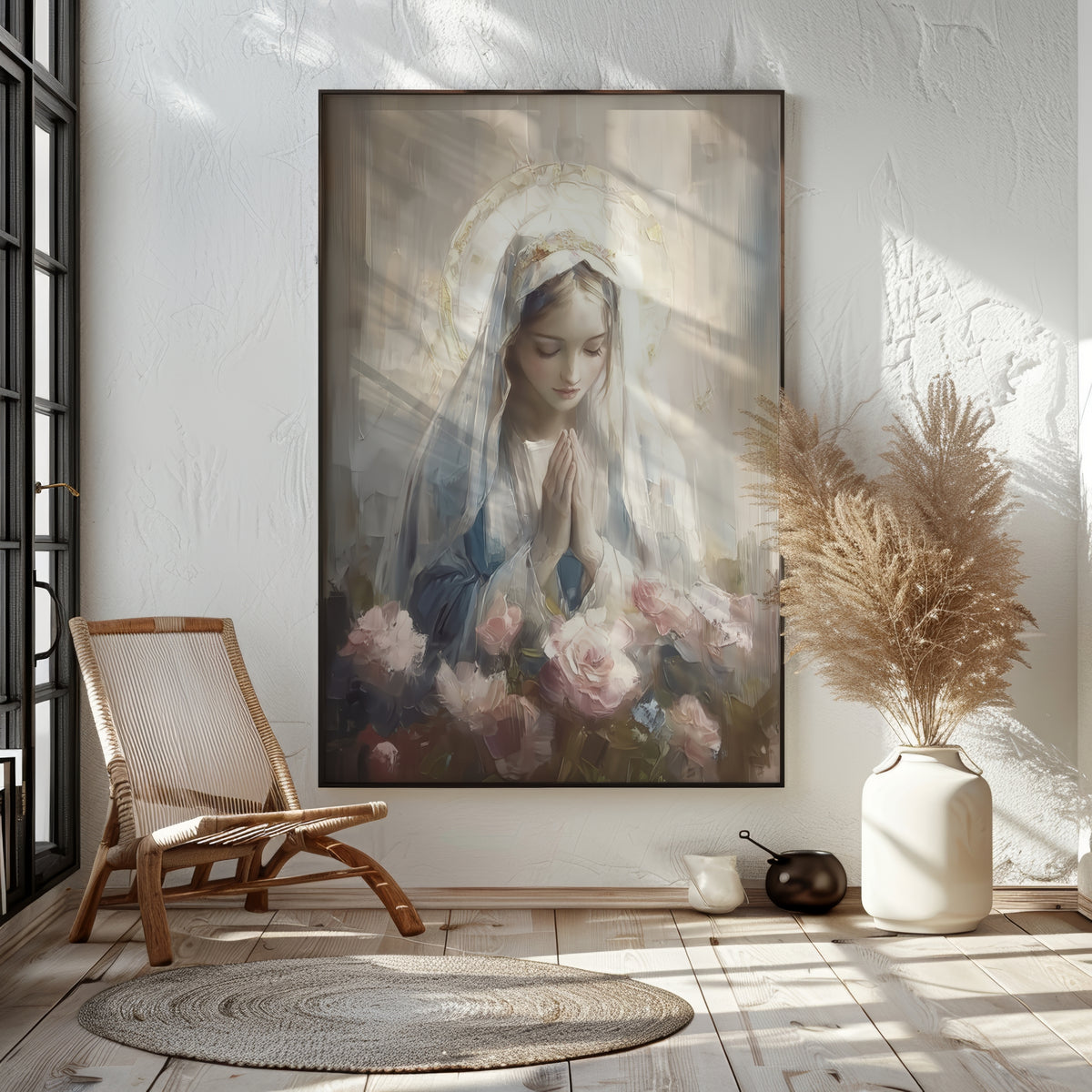 Blessed Virgin Mary Madonna and Roses - Float Frame Canvas