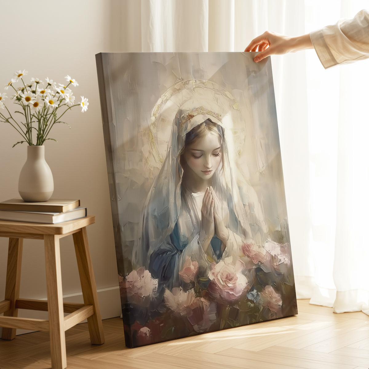 Blessed Virgin Mary Madonna and Roses - Float Frame Canvas