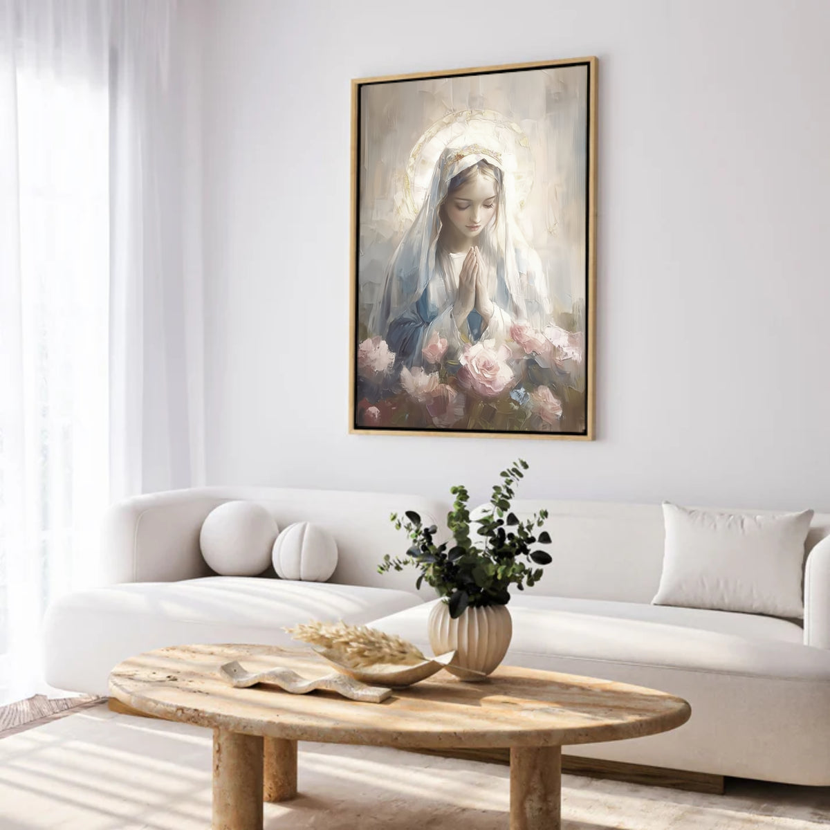 Blessed Virgin Mary Madonna and Roses - Float Frame Canvas