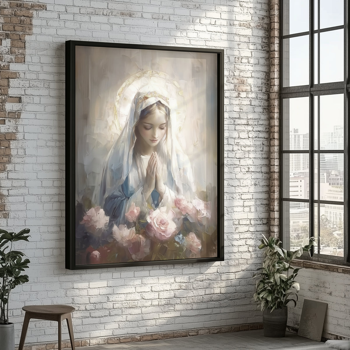 Blessed Virgin Mary Madonna and Roses - Float Frame Canvas