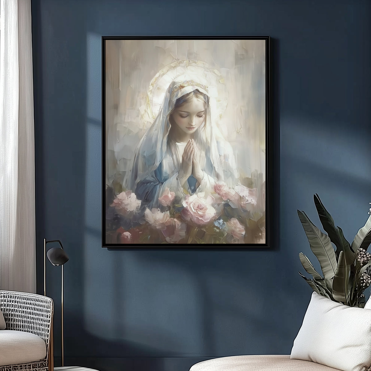 Blessed Virgin Mary Madonna and Roses - Float Frame Canvas