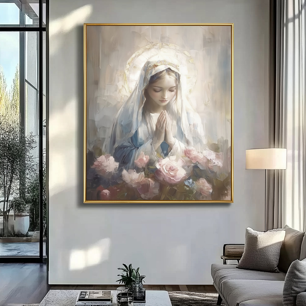 Blessed Virgin Mary Madonna and Roses - Float Frame Canvas