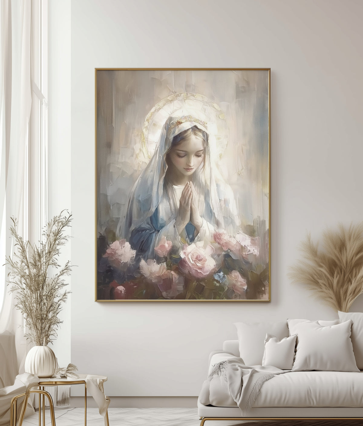 Blessed Virgin Mary Madonna and Roses - Float Frame Canvas