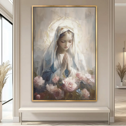 Blessed Virgin Mary Madonna and Roses - Gold Float Frame Canvas