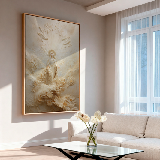 Retrato abstracto de la Virgen María en oro - Lienzo con marco flotante