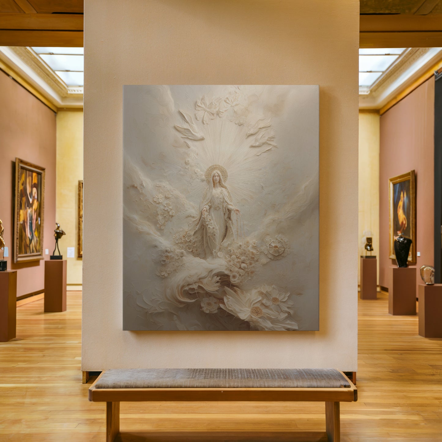 Retrato abstracto de la Virgen María en oro - Lienzo con marco flotante