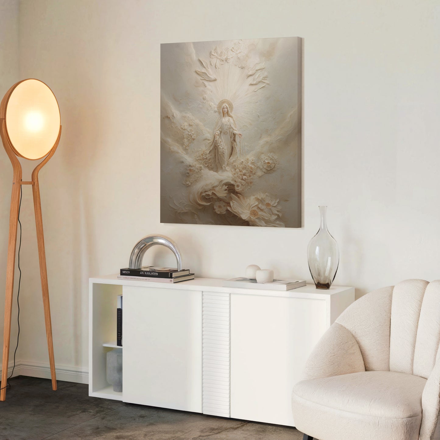 Retrato abstracto de la Virgen María en oro - Lienzo con marco flotante