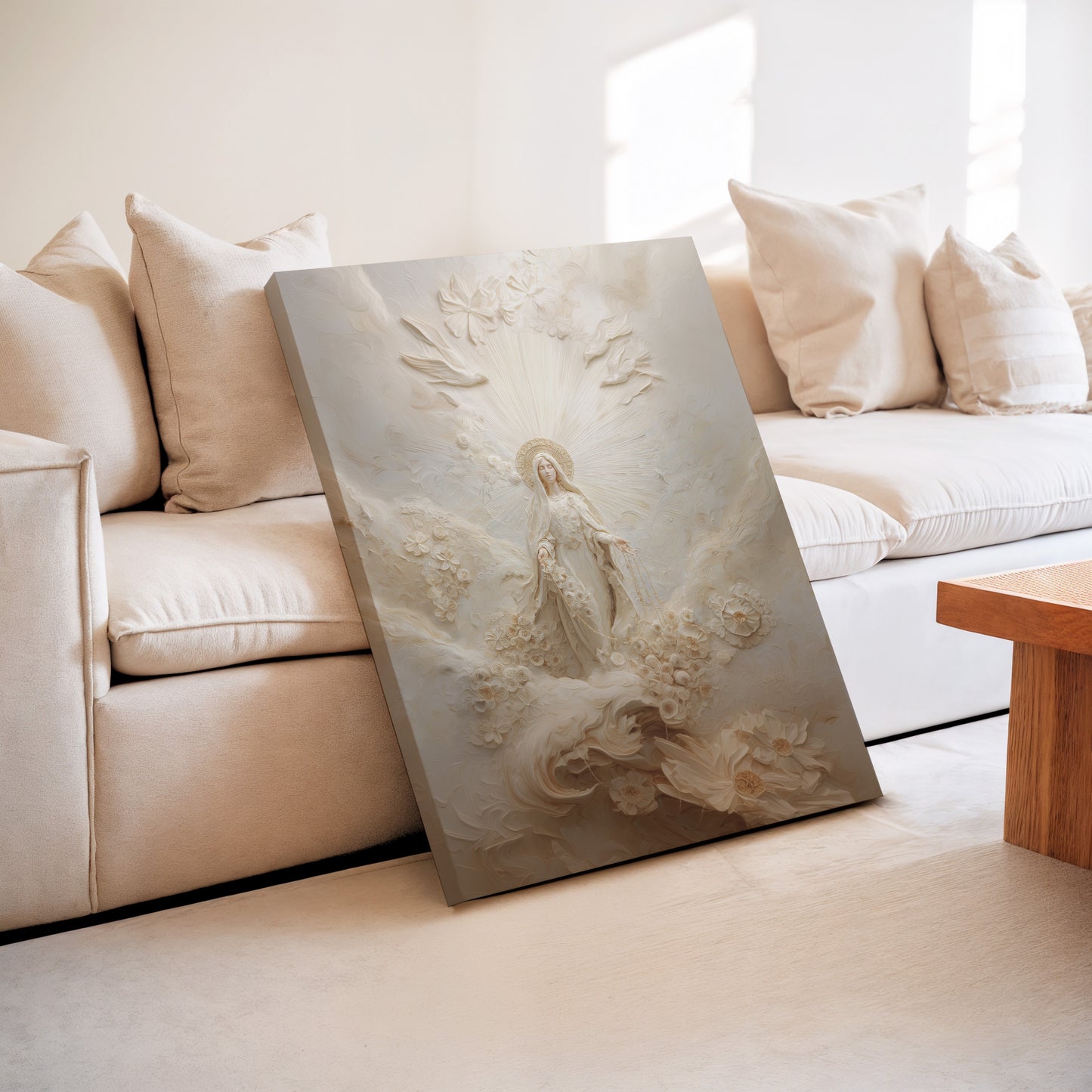 Retrato abstracto de la Virgen María en oro - Lienzo con marco flotante