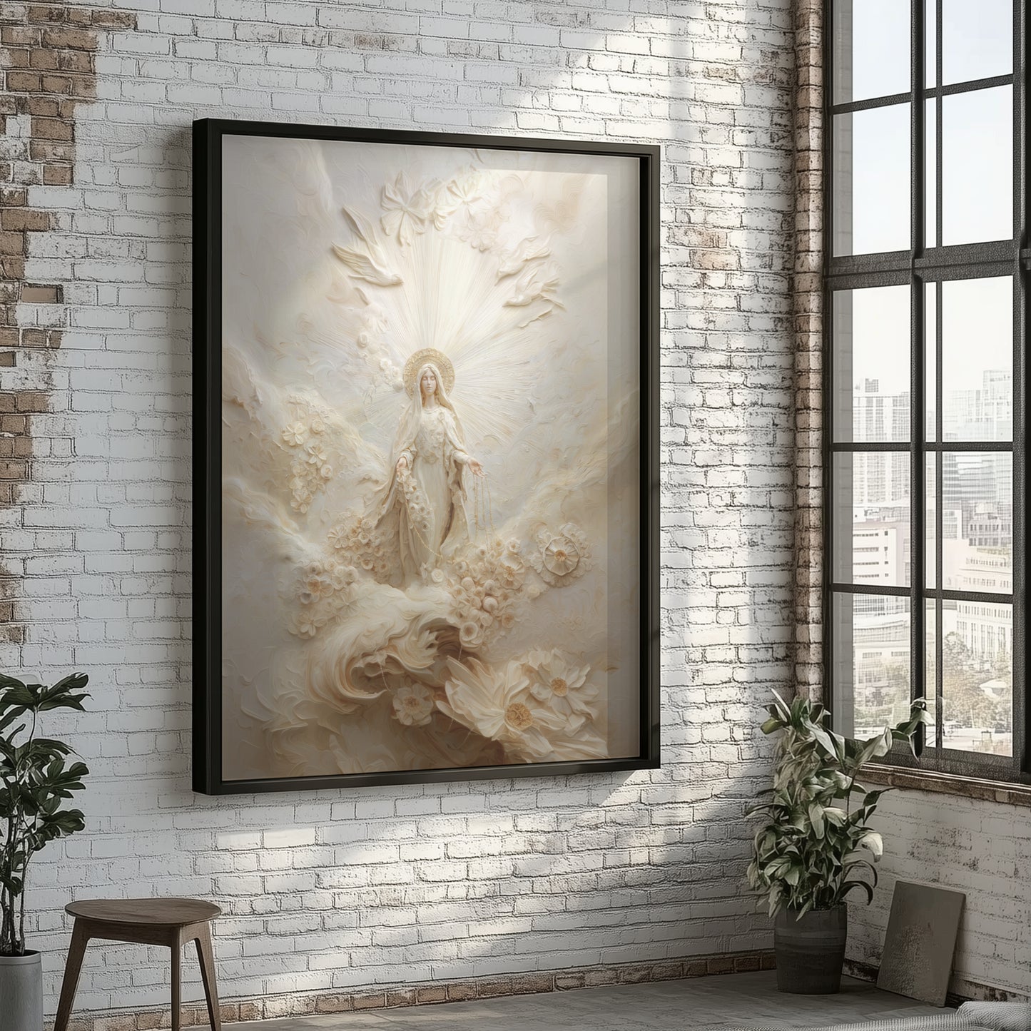 Retrato abstracto de la Virgen María en oro - Lienzo con marco flotante