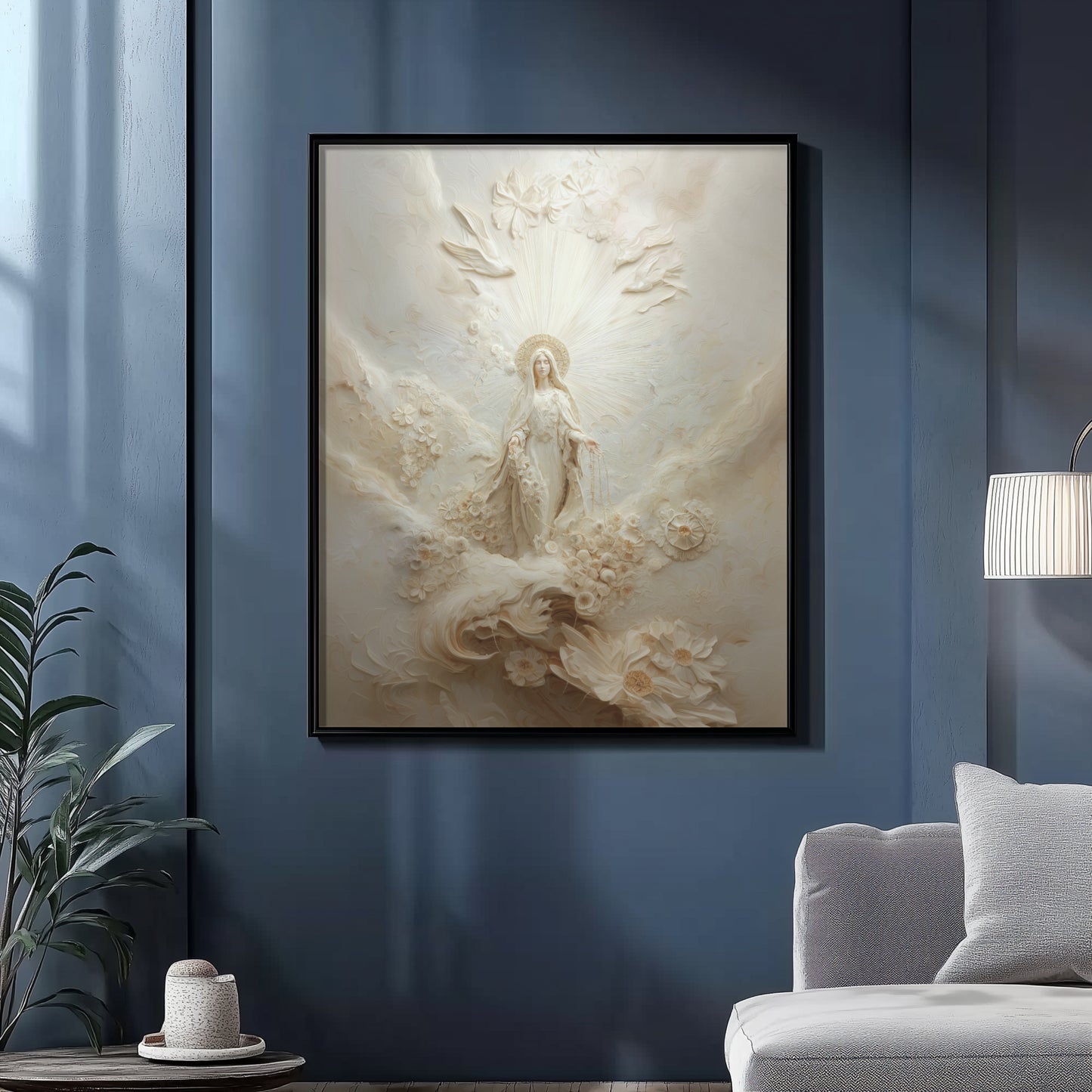 Retrato abstracto de la Virgen María en oro - Lienzo con marco flotante