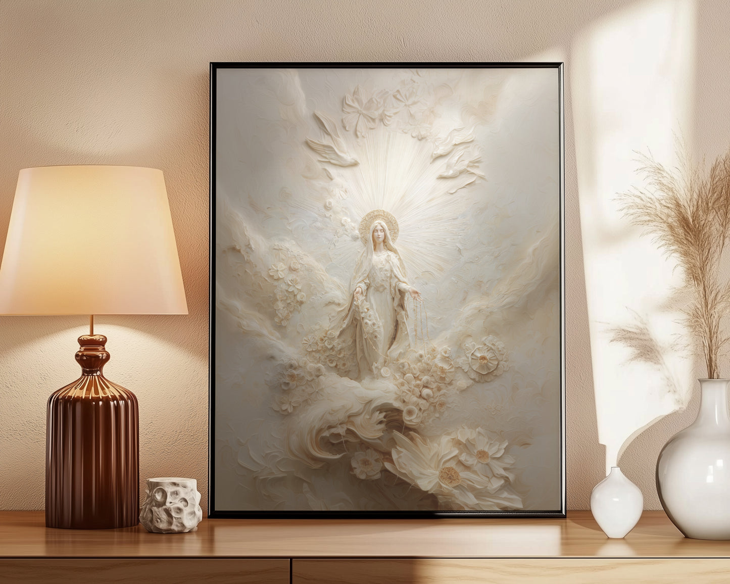 Retrato abstracto de la Virgen María en oro - Lienzo con marco flotante