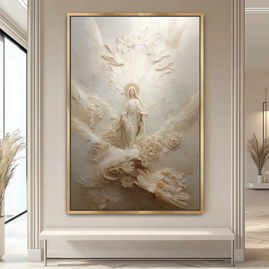 Retrato abstracto de la Virgen María en oro - Lienzo con marco flotante