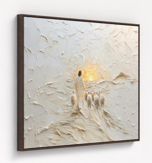 Good Shepherd Jesus Leaves the 99 - Float Frame Canvas Brown Frame