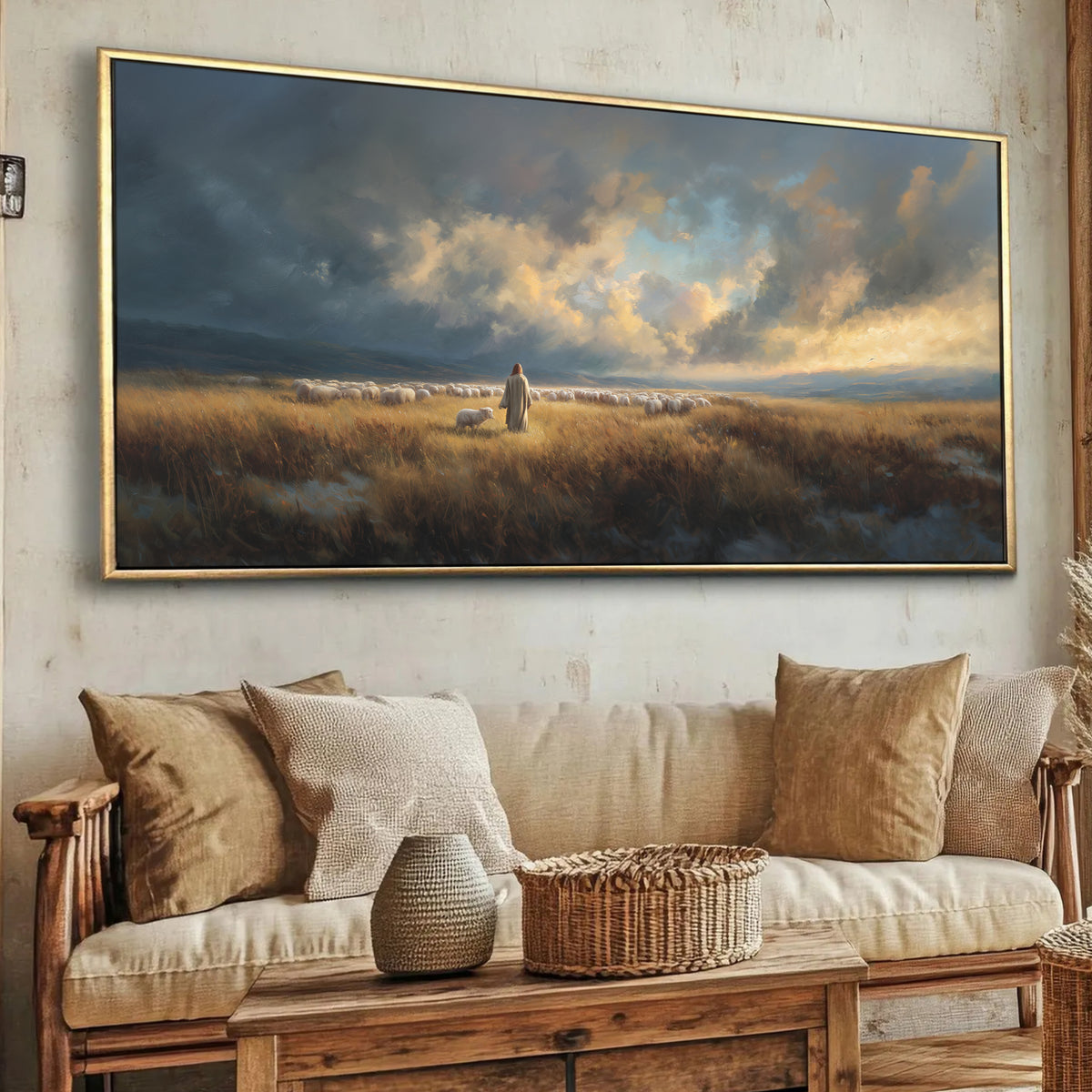 Good Shepherd Jesus Leaves the 99 Catholic Art - Float Frame Canvas