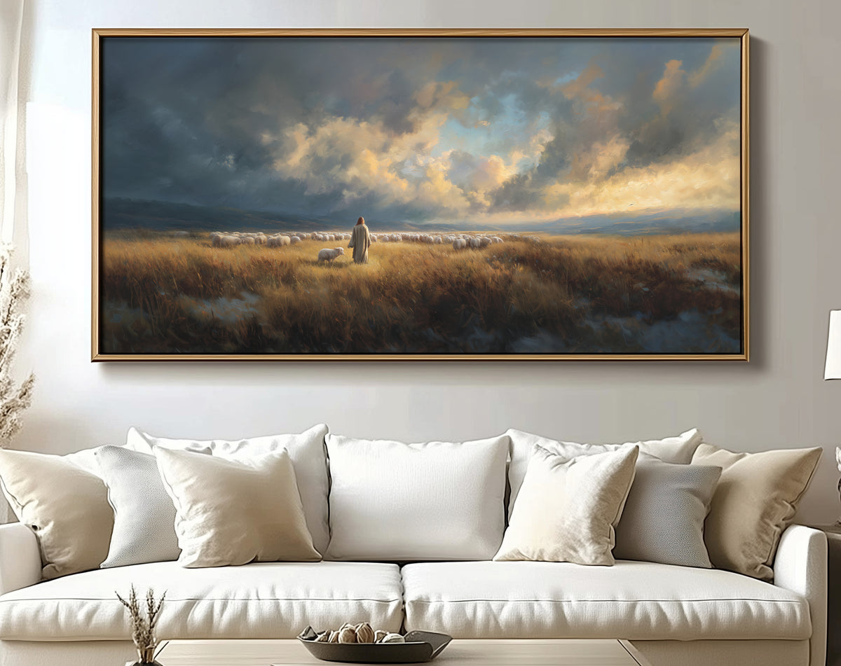 Good Shepherd Jesus Leaves the 99 Catholic Art - Float Frame Canvas