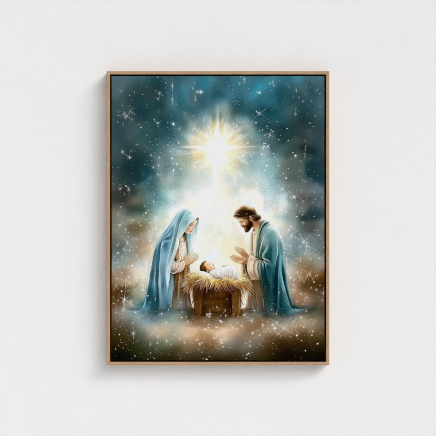 Escena de la Natividad Nacimiento de Jesús - Lienzo con Marco Flotante