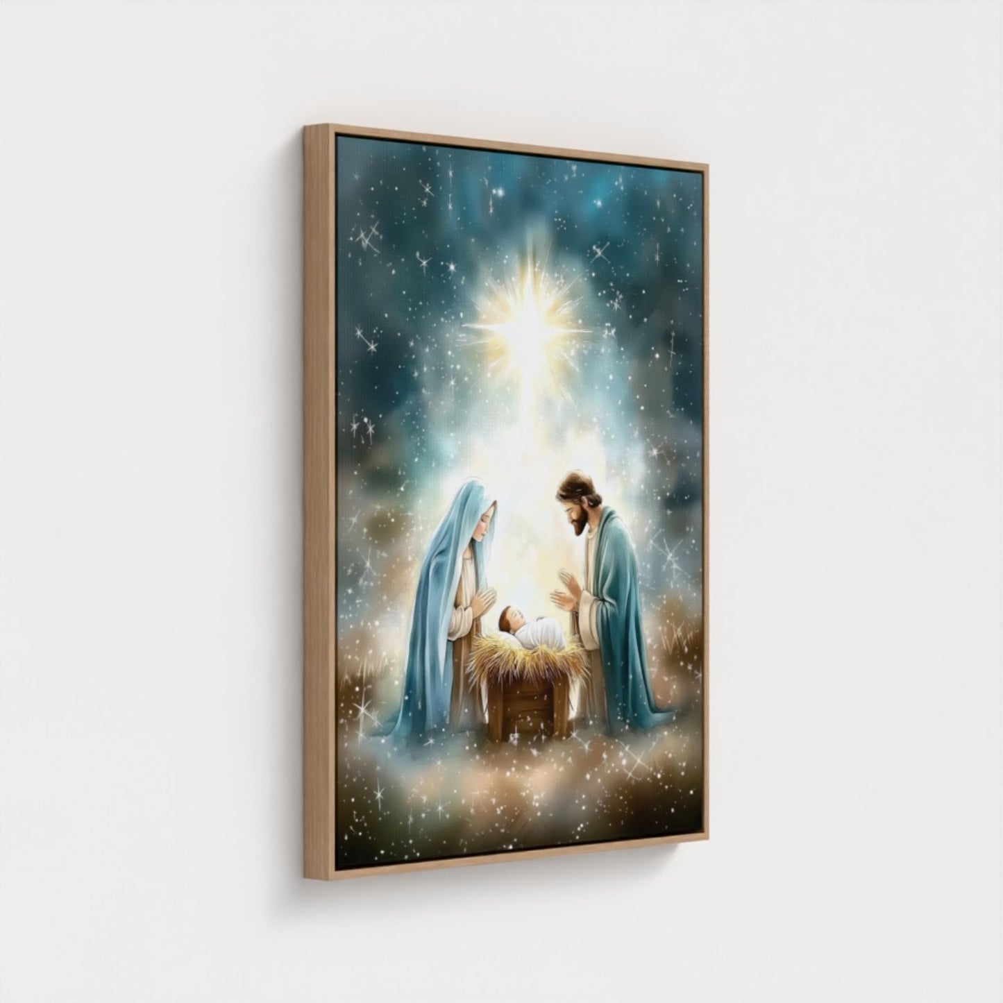 Escena de la Natividad Nacimiento de Jesús - Lienzo con Marco Flotante