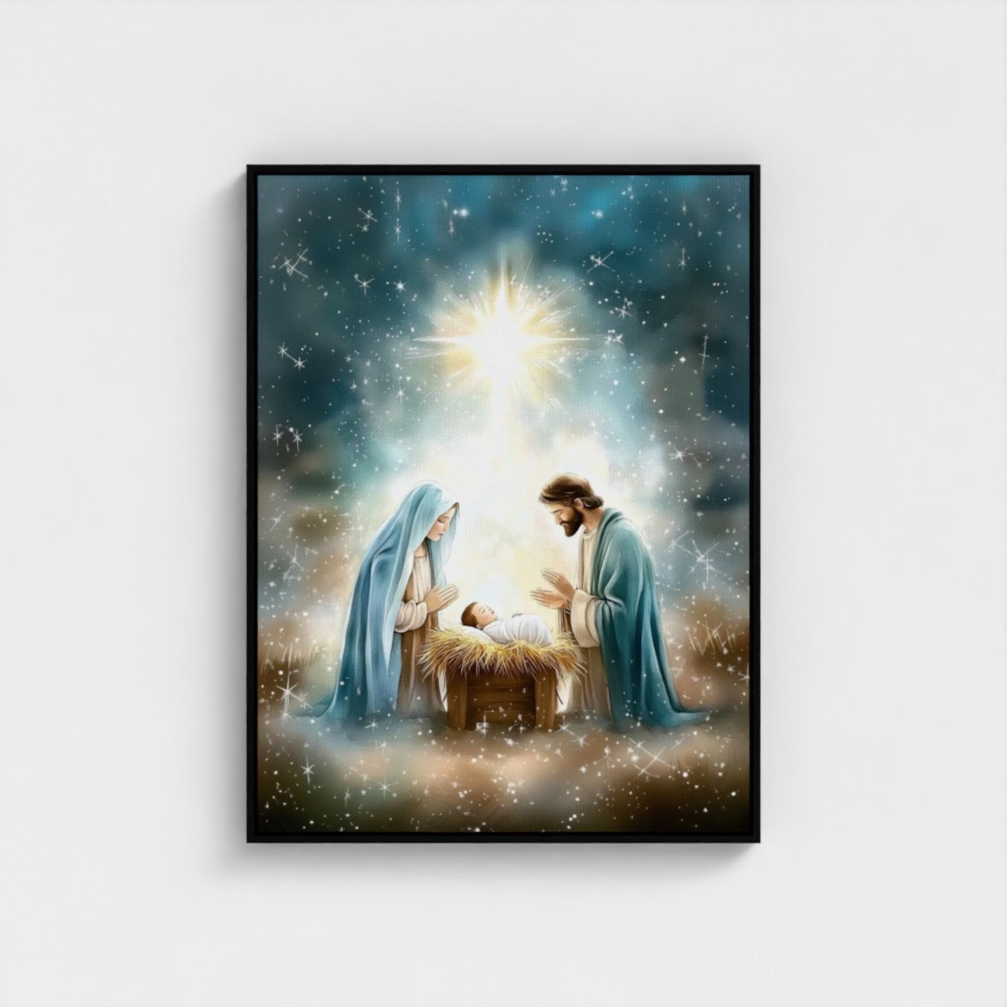 Escena de la Natividad Nacimiento de Jesús - Lienzo con Marco Flotante