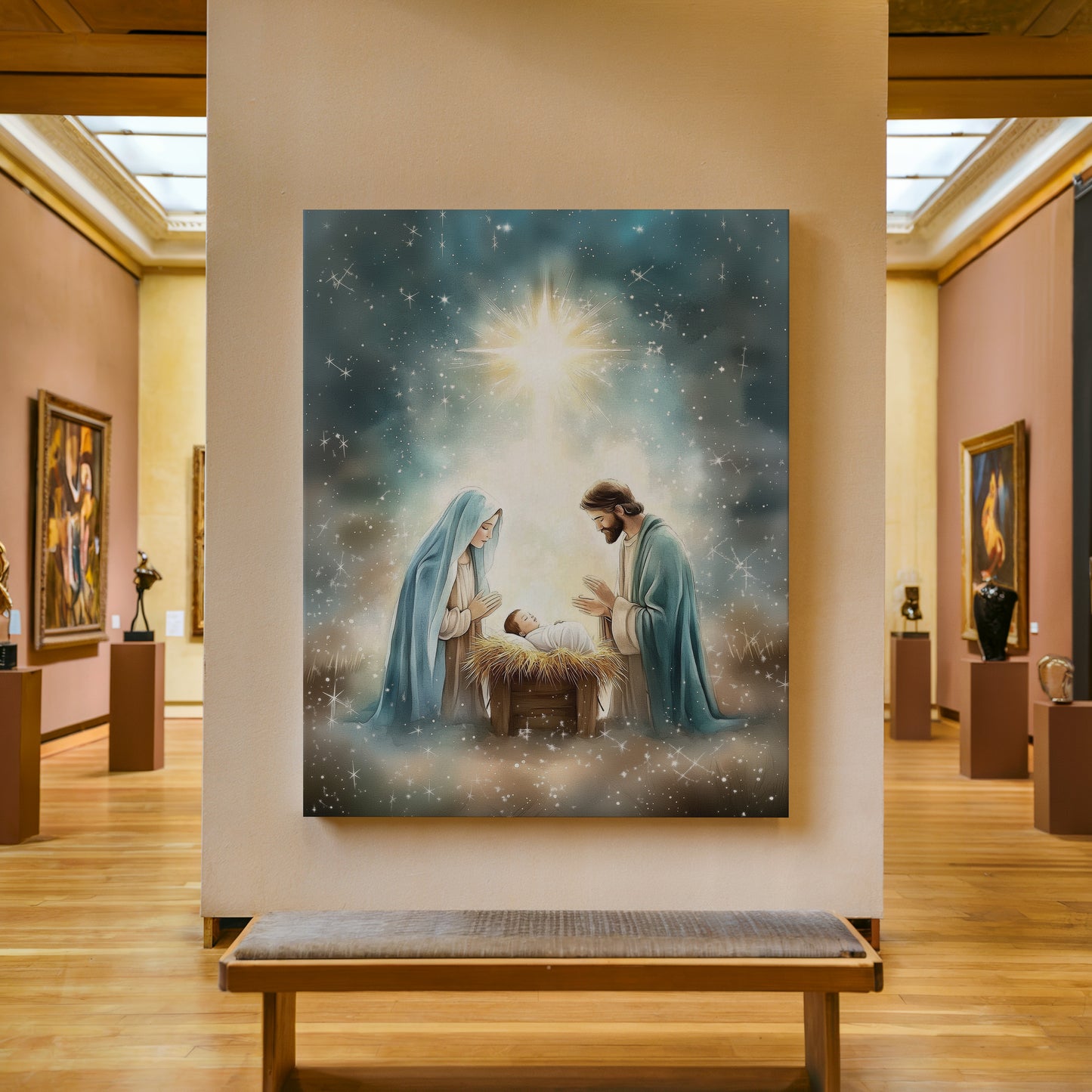 Escena de la Natividad Nacimiento de Jesús - Lienzo con Marco Flotante