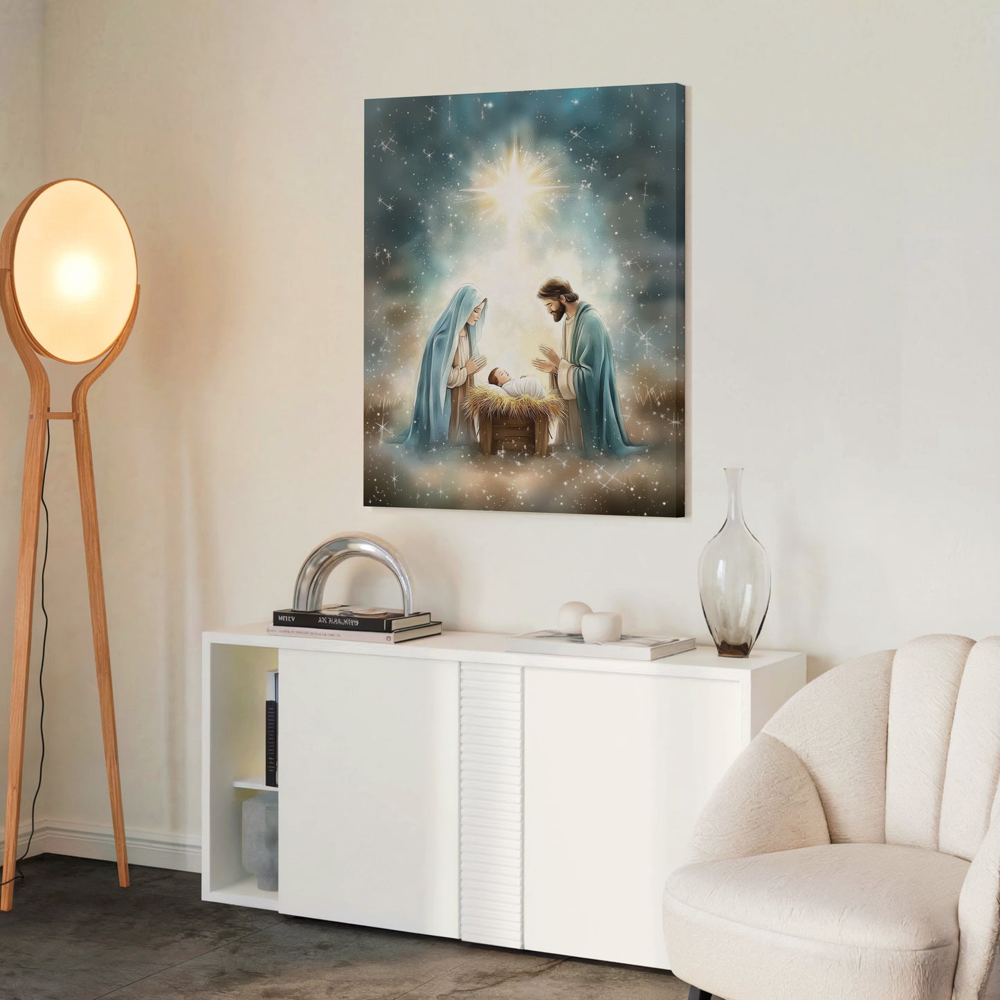 Escena de la Natividad Nacimiento de Jesús - Lienzo con Marco Flotante