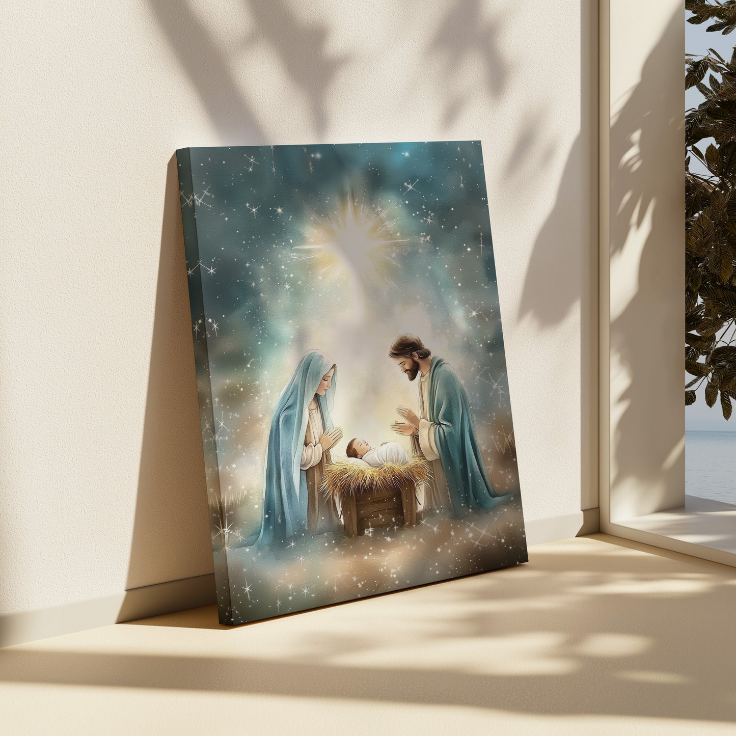 Escena de la Natividad Nacimiento de Jesús - Lienzo con Marco Flotante