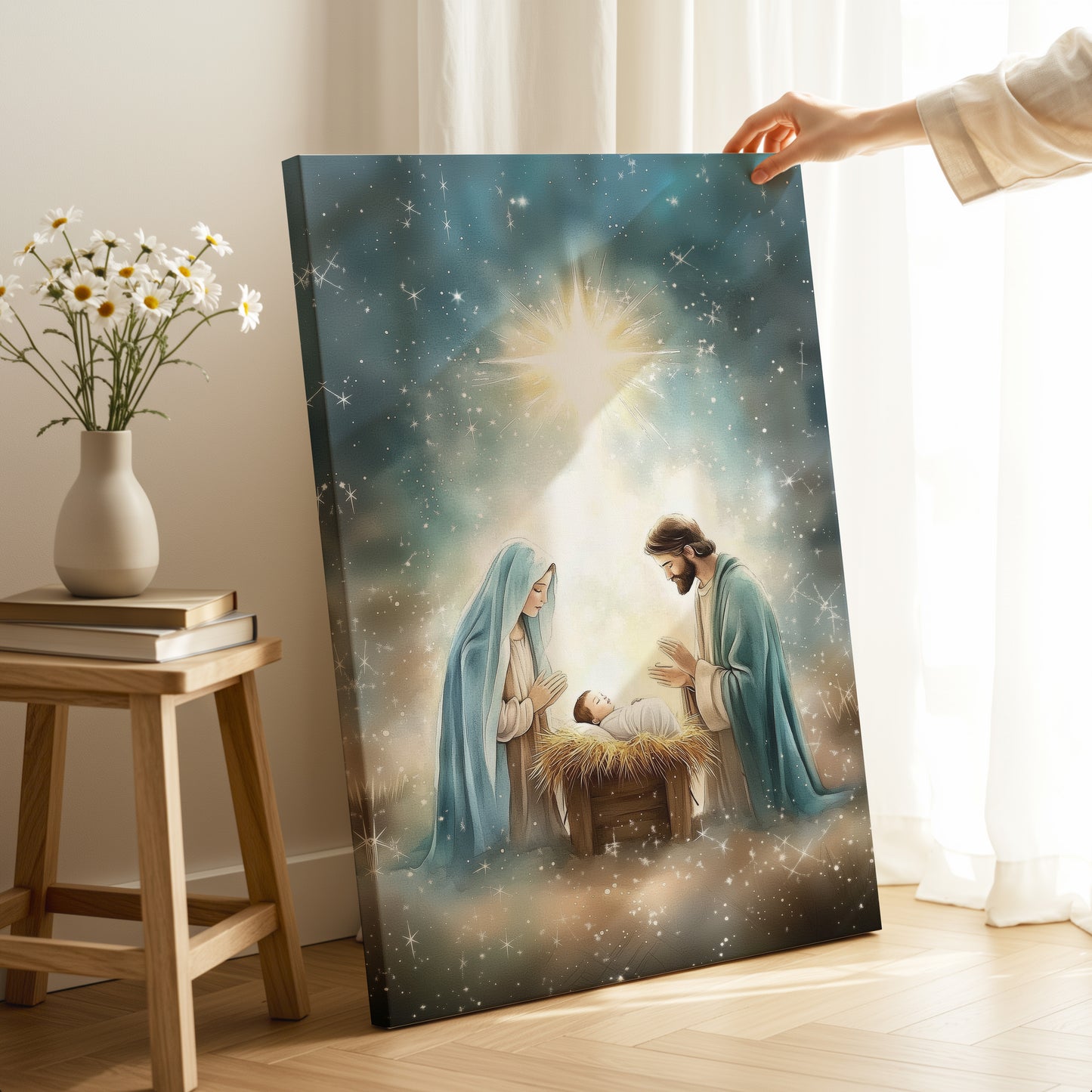 Escena de la Natividad Nacimiento de Jesús - Lienzo con Marco Flotante