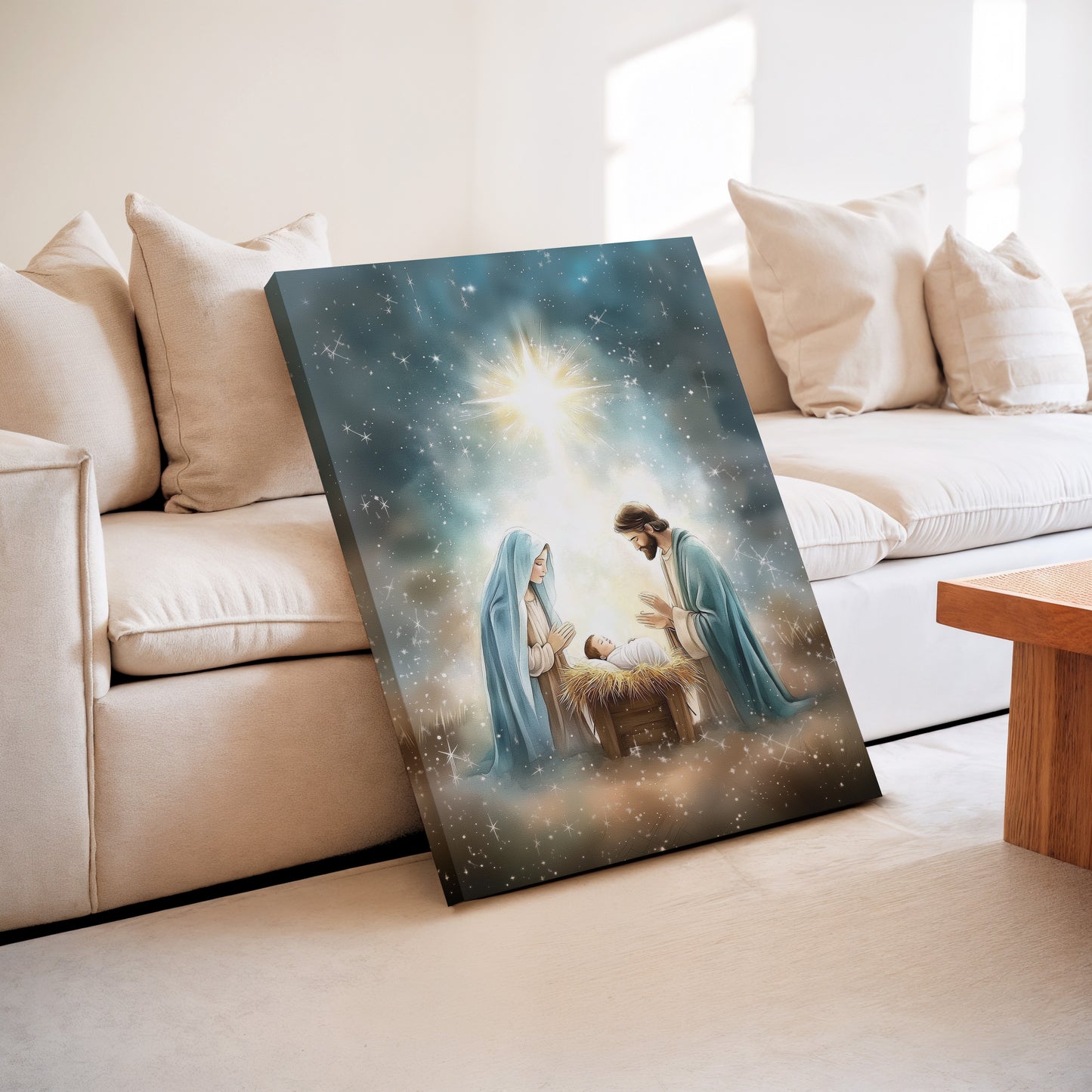 Escena de la Natividad Nacimiento de Jesús - Lienzo con Marco Flotante