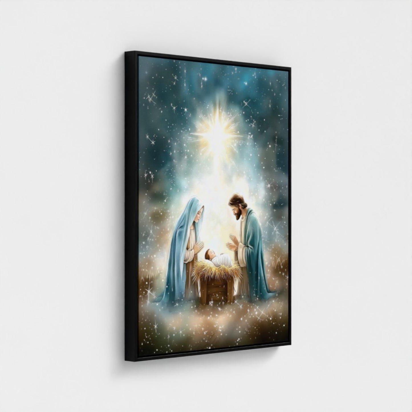 Escena de la Natividad Nacimiento de Jesús - Lienzo con Marco Flotante