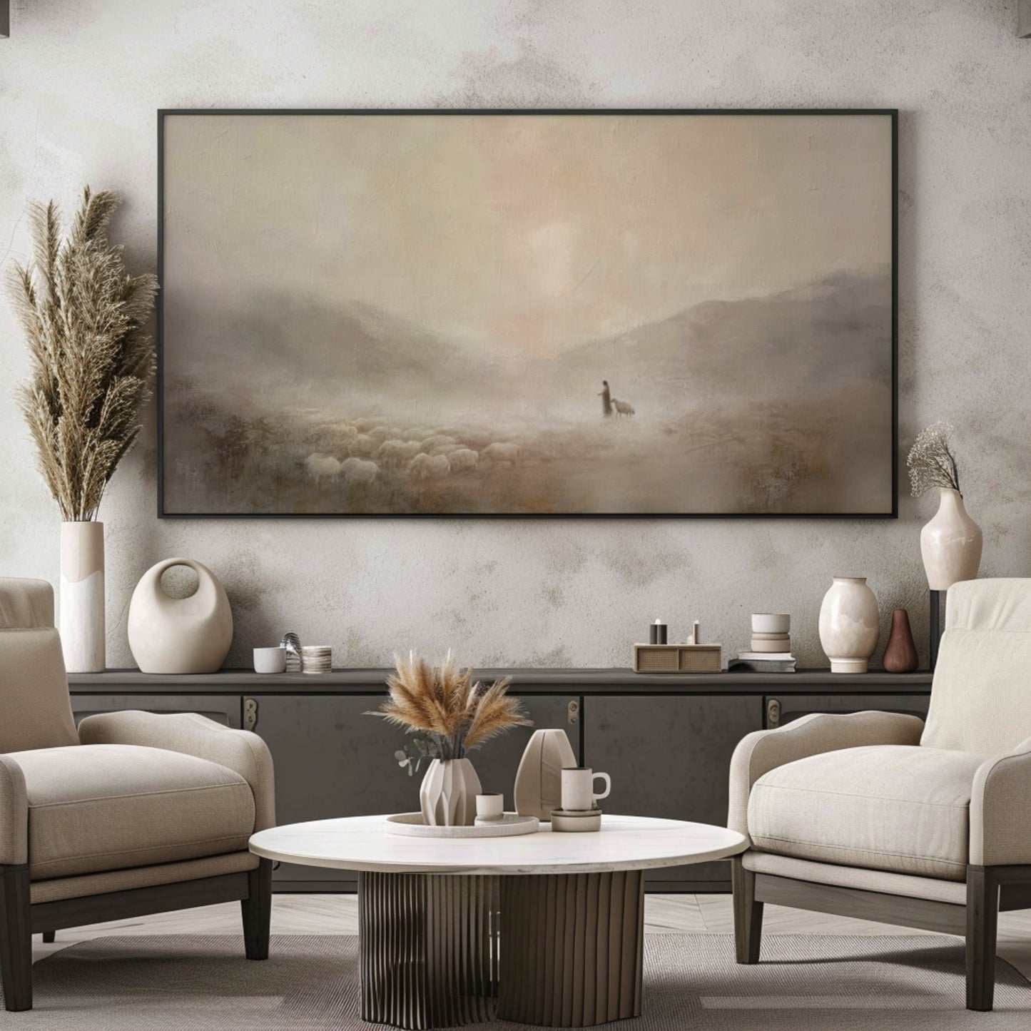 Jesus und das verlorene Schaf – Leinwanddruck – Minimalistische christliche Wandkunst – Leinwand mit Schattenfugenrahmen