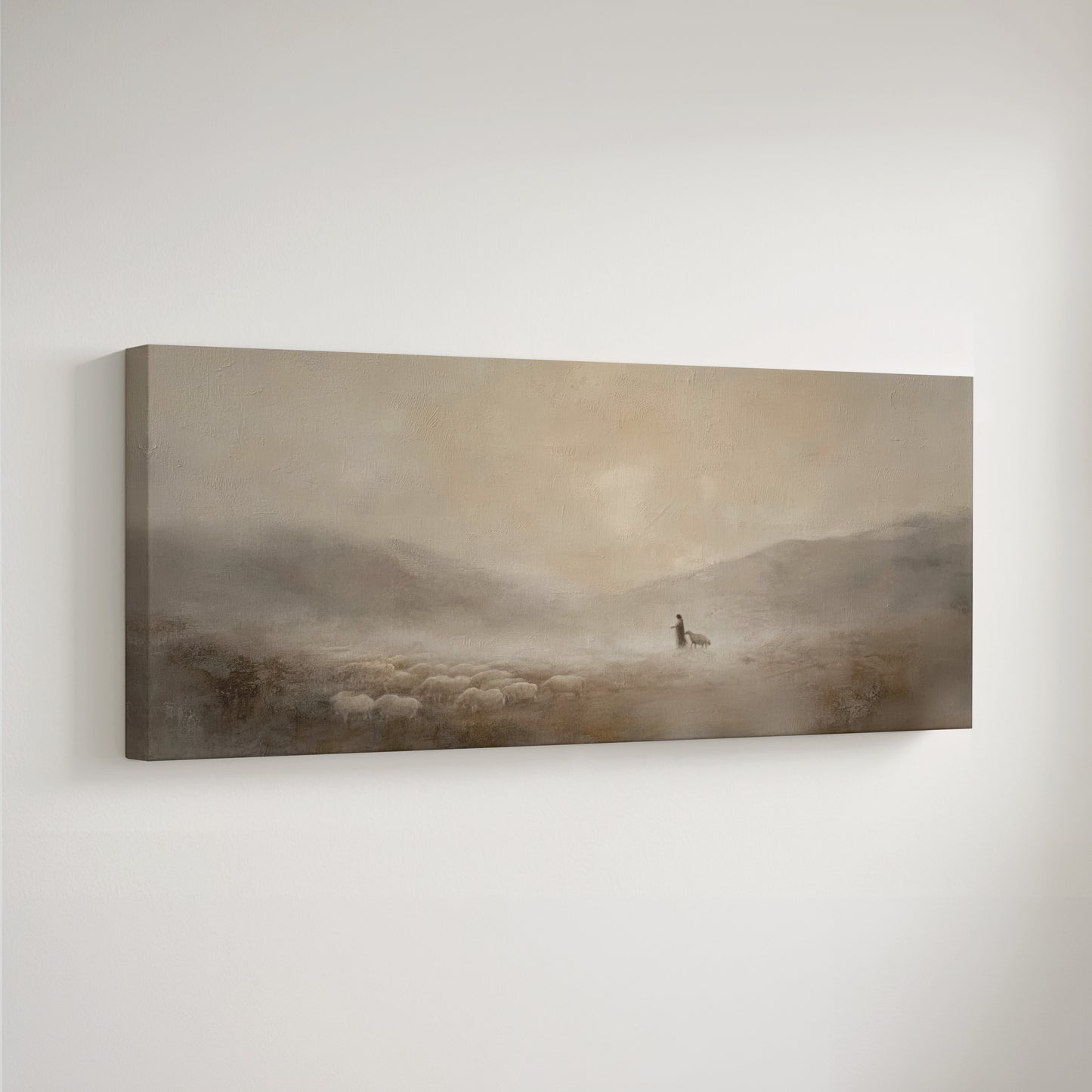 Jesus und das verlorene Schaf – Leinwanddruck – Minimalistische christliche Wandkunst – Leinwand mit Schattenfugenrahmen