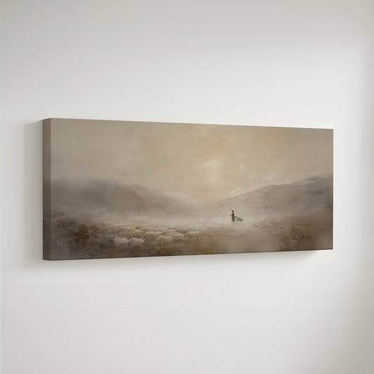 Impresión en lienzo de Jesús y la oveja perdida - Arte mural cristiano minimalista - Lienzo estirado