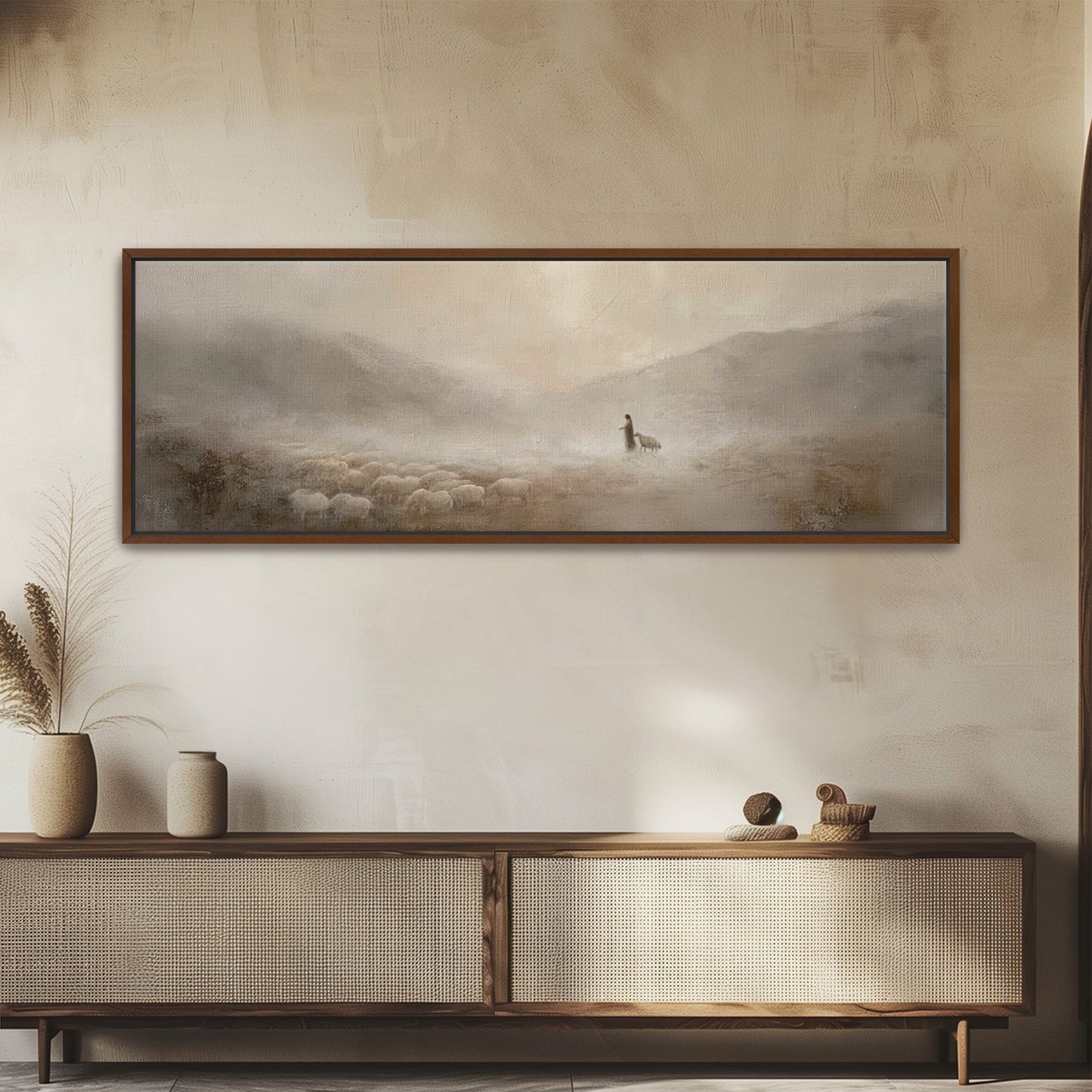 Jesus und das verlorene Schaf – Leinwanddruck – Minimalistische christliche Wandkunst – Leinwand mit Schattenfugenrahmen
